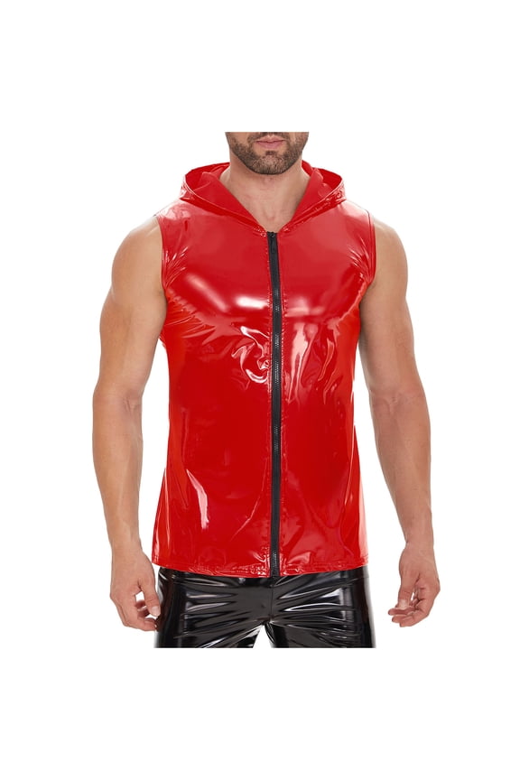 Men’s Leather Shirts Tank Top Shiny Slim Fit Stretch Top Club Party Undershirts Red XXXXXL