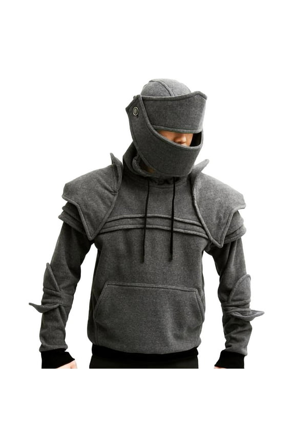 Men's Medieval Knight Hoodie Mask Elbow Protection Drawstring Hooded Sweatshirts Long Sleeve Pullover Gray L