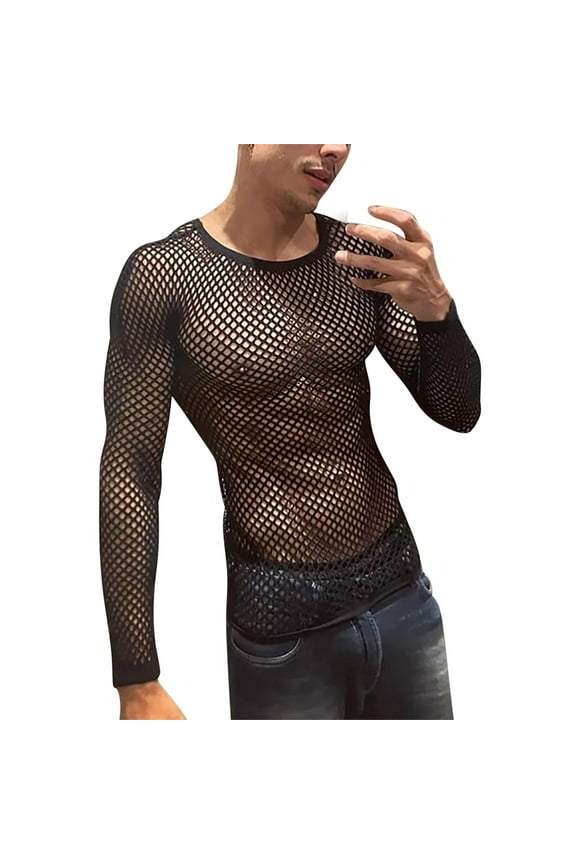 Men's Mesh Fishnet Muscle Top Long Sleeve Sheer T Shirt Fitted Muscle Blouse Clubwear Nightclub Black XL