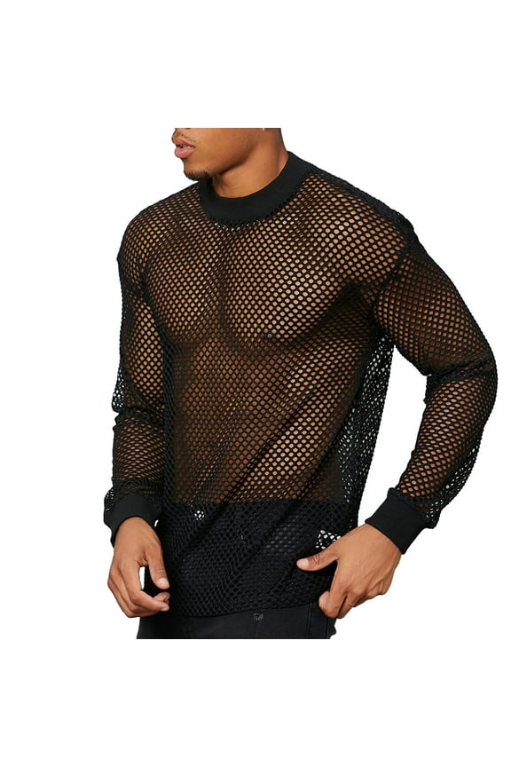 Men’s Mesh See Through Shirts Sheer Transparent Club Party Casual Top Undershirts Black L
