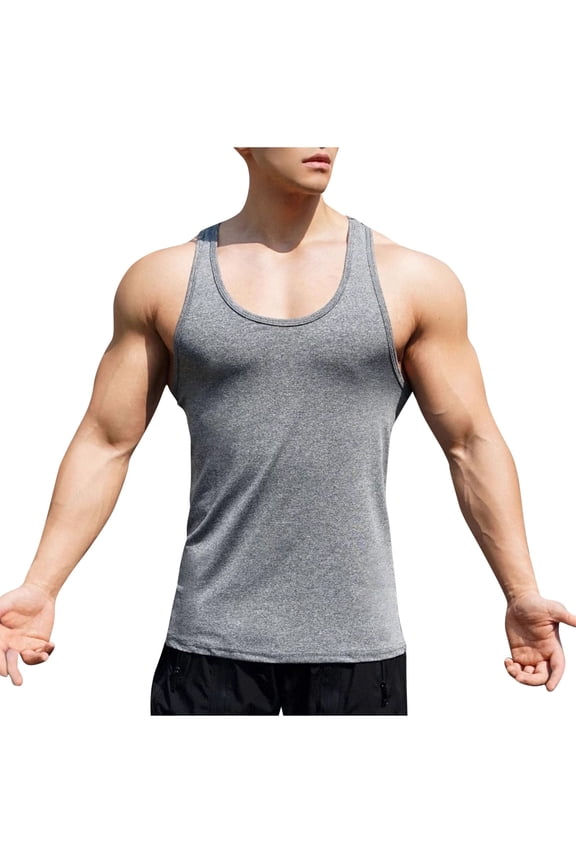 Men's Muscle Gym Workout Stringer Tank Tops Bodybuilding Fitness T-Shirts Casual Solid Round Neck Pullover Sports Gray XXXL
