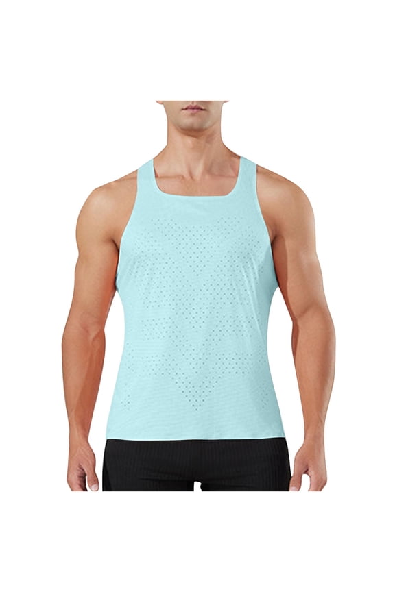 Men's Seamless Running Tank Tops Ultra Lightweight Marathon Singlets Breathable Race Vests Quick Dry Sleeveless Shirt Light Blue S