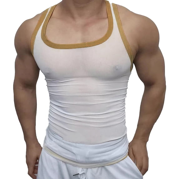 YUGYXL Men's Sheer Mesh Compression Tank Tops Slimming Undershirts Summer Sleeveless Tanks Shirts Gym Workout T-Shirt White L