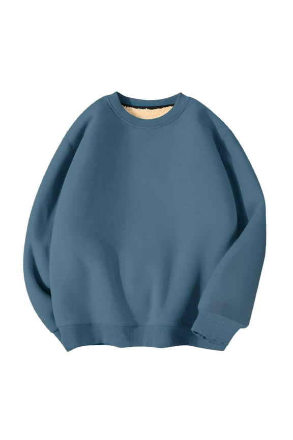 Men's Sherpa Lined Sweatshirts Fleece Pullover Basic Tops Warm Crewneck Winter Sweatshirt Blue L