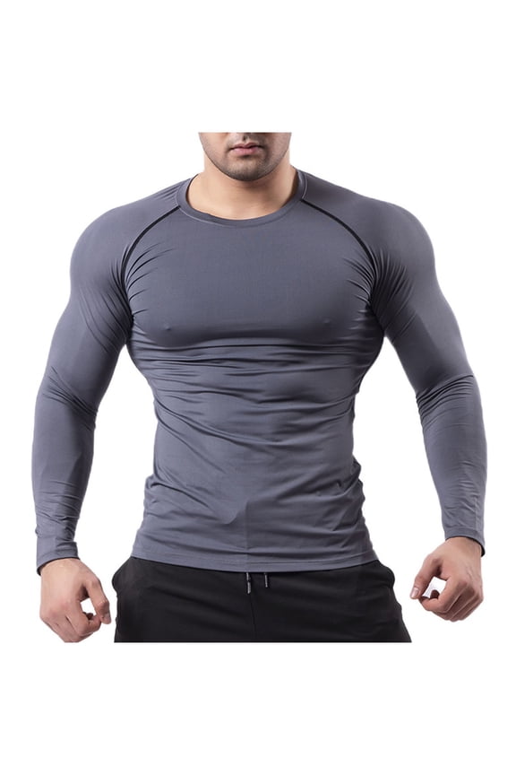 Men's Shirt Long Sleeve Athletic Workout T-Shirts Top Active Sport Baselayer Undershirt Gear Shirt Dry Fit Gray XXL