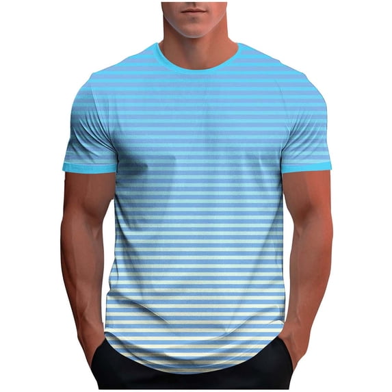 YUGYXL Men's Short Sleeve Gradient Tee Shirt Stylish Striped Summer Basic Loose Crew Neck Pullover Workout Casual T-Shirts Light Blue L