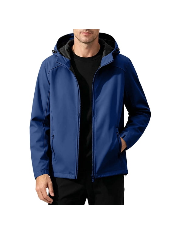 Men's Softshell Jacket with Hood Waterproof Windbreaker Lightweight Rain Shell Jacket for Outdoor Hiking Blue Jackets