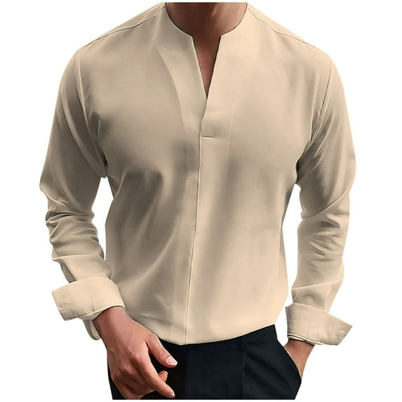 YUGYXL Men's Solid Color V Neck Business Work Shirts Casual Long Sleeve Casual Pullovers Loose Dress Shirt Khaki XXL