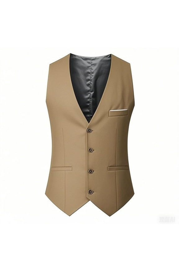 Men's Suit Vest Classic Business Slim Fit V Neck Dress Waistcoat Formal Wedding Prom Vest with Pocket Khaki L