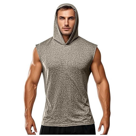YUGYXL Men's Sun Protection Hoodie UPF 66+ Sleeveless Workout Tank Top Quick Dry Rash Guard Fishing Hiking Sun Shirts Khaki XXL