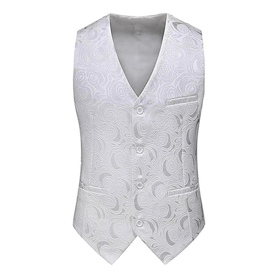 YUGYXL Men's V-Neck Suit Vest Slim Fit Formal Lightweight Dress Waistcoat Casual Floral Business Vests White L