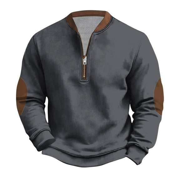 YUGYXL Men's Vintage Half Zip Pullover Shirts Tops Trendy Casual Long Sleeve Stand Collar Sweatshirts with Elbow Patches Dark Gray L