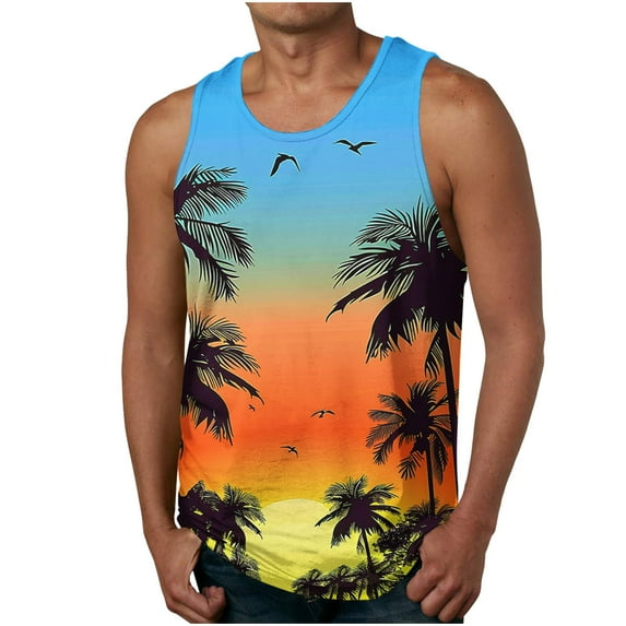 YUGYXL Men's Workout Tank Tops Gym Cut Off Sleeveless T Shirt Bodybuilding Fitness Muscle Athletic Stripe Palm Tree Shirts C Multicolor XXL