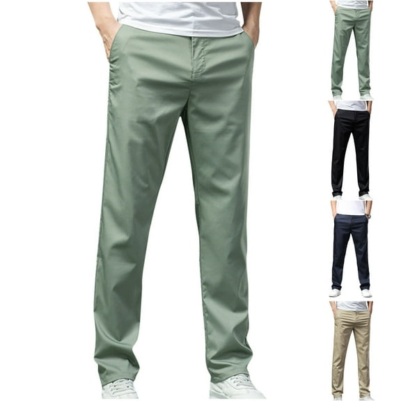 YUGYXL Mens Business Straight Pants Button Zipper Comfy Office Pants Smooth Slim Fit Trousers with Multiple Pockets Army Green L