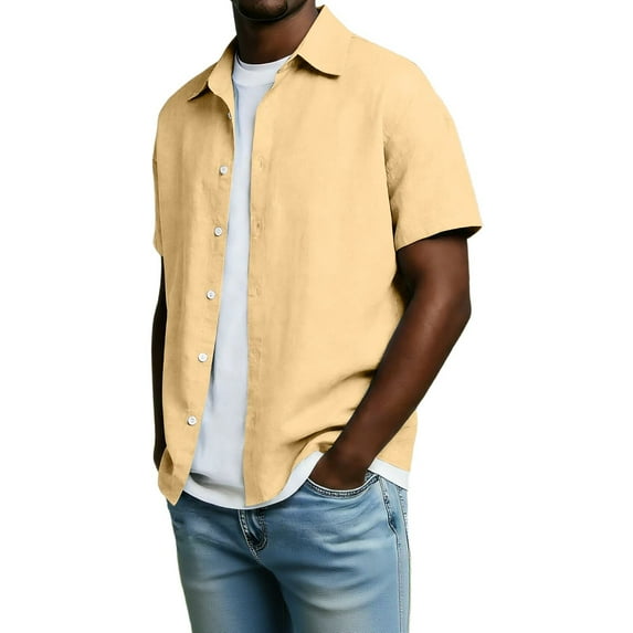 YUGYXL Mens Button Down Short Sleeve Shirt Cotton Linen Dress Casual Shirts Big and Tall Beach Vacation Summer Tops Yellow M