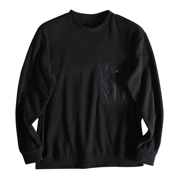 YUGYXL Mens Crewneck Sweatshirts Cozy Fleece Warm Tops Loose Soild Fuzzy Pullover Plus Size Basic Sweatshirts with Pocket Black L