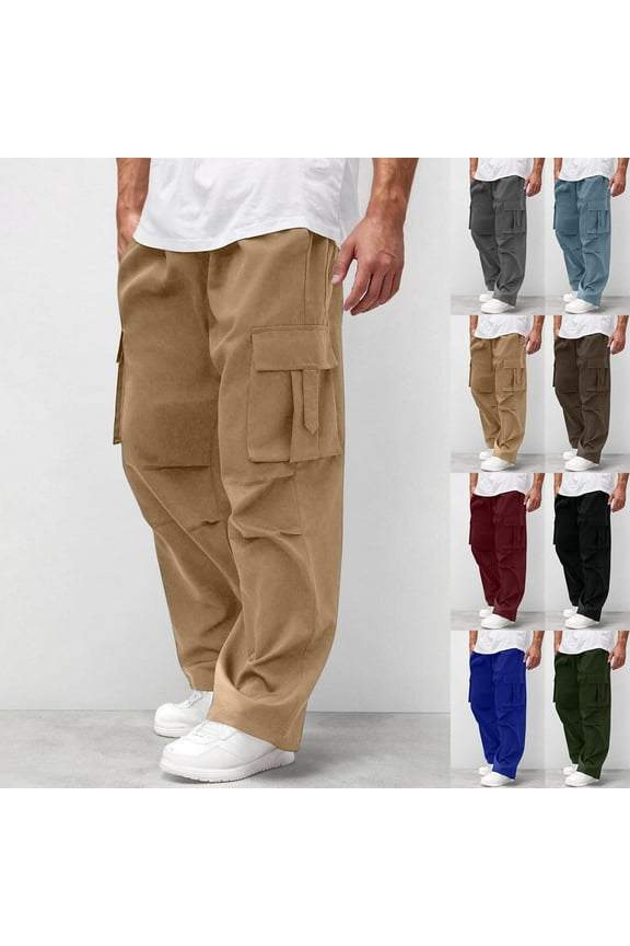 Mens Drawstring Cargo Pants Trendy Stretch Waist Wide Leg Pants with Multiple Pockets Outdoor Hiking Trousers Khaki XL