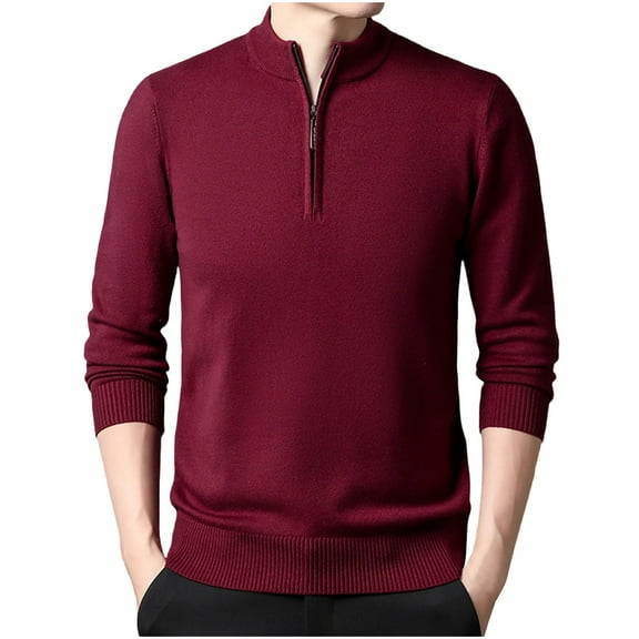 YUGYXL Mens Fashion Quarter Zip Solid Color Shirt Crew Neck Knitted Sweater Long Sleeve Soft Comfy Pullover Top Wine M