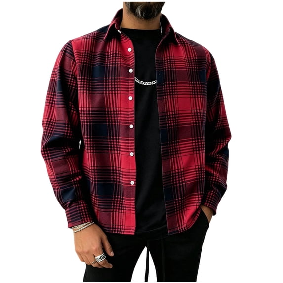 YUGYXL Mens Flannel Shirts Long Sleeve Button Down Shirt with Pocket Casual Shirts Work Shirts for Men Red Jackets