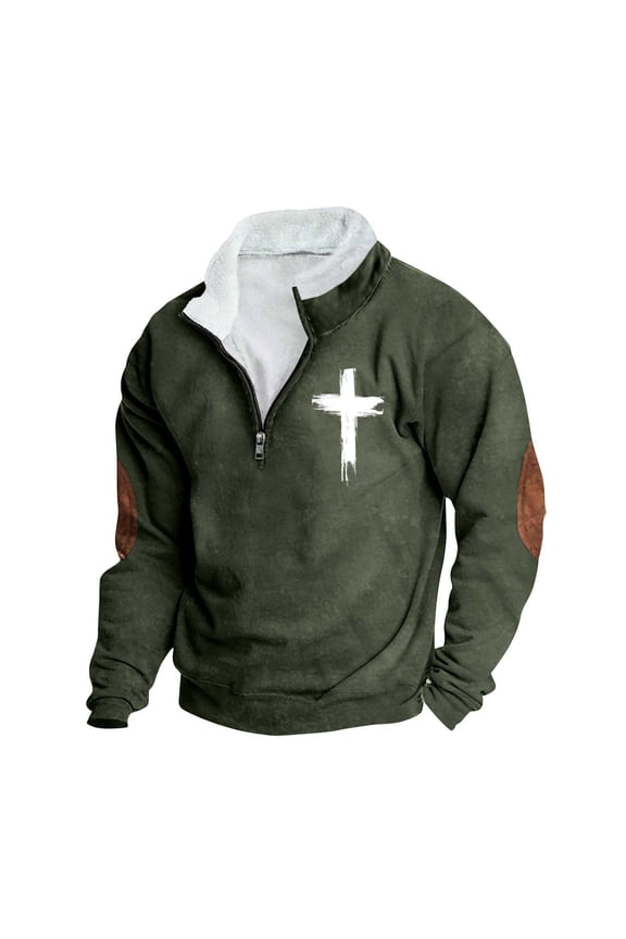 Mens Fleece Quarter-Zip Collar Cross Jesus Christ Christians Muscle Sweatshirt Elbow Patch Long Sleeve Tops Sweater Army Green XXL