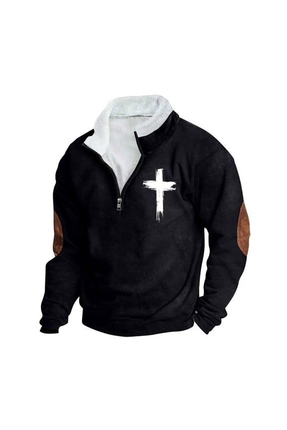 Mens Fleece Quarter-Zip Collar Cross Jesus Christ Christians Muscle Sweatshirt Elbow Patch Long Sleeve Tops Sweater Black XL
