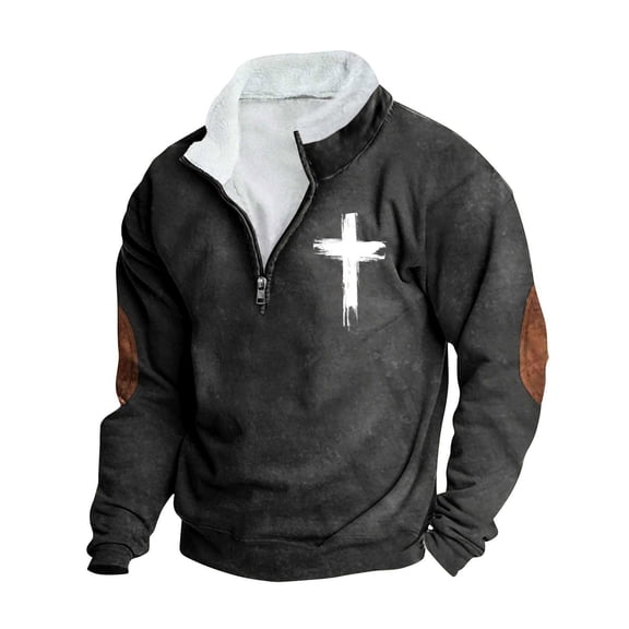 YUGYXL Mens Fleece Quarter-Zip Collar Cross Jesus Christ Christians Muscle Sweatshirt Elbow Patch Long Sleeve Tops Sweater Dark Gray M