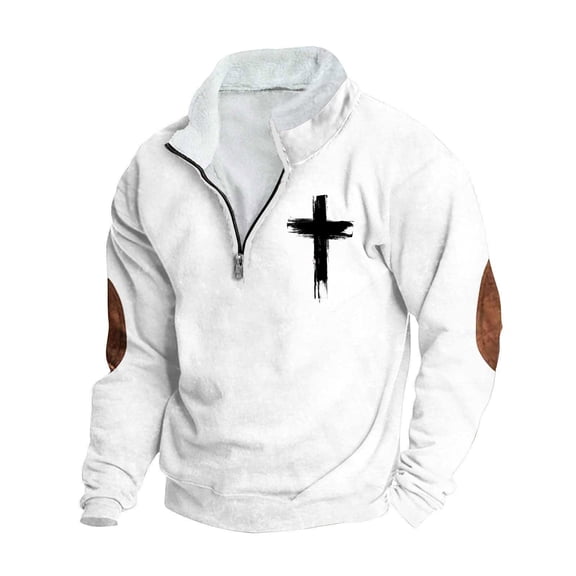 YUGYXL Mens Fleece Quarter-Zip Collar Cross Jesus Christ Christians Muscle Sweatshirt Elbow Patch Long Sleeve Tops Sweater White L