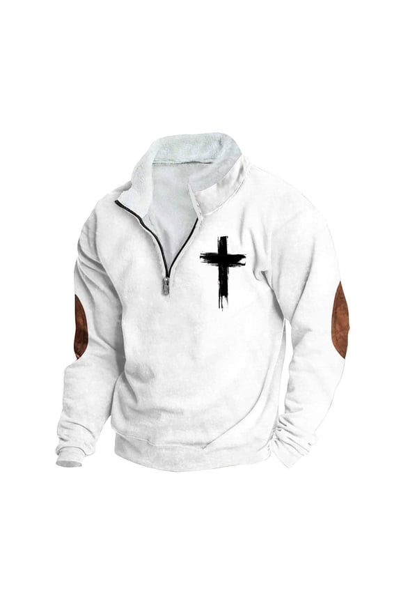 Mens Fleece Quarter-Zip Collar Cross Jesus Christ Christians Muscle Sweatshirt Elbow Patch Long Sleeve Tops Sweater White XL