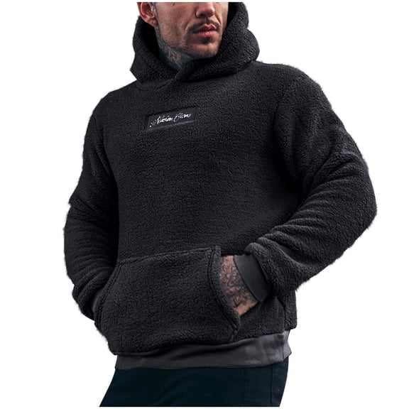 YUGYXL Mens Fuzzy Sherpa Hoodie Pullover Sweatshirts Fit Cozy Pocket Long Sleeve Winter Hooded Sweatshirt Outwear Black S