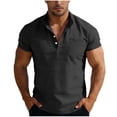 thumbnail image 1 of YUGYXL Mens Henley Linen Shirts Beach Casual Short Sleeve Button Up T-Shirt Half Button Stand Collar Blouse Tops with Pockets Black XXXL, 1 of 8