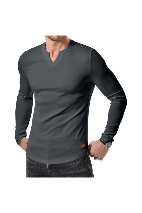 Mens Long Sleeve Muscle T Shirts Casual V-Neck Longline Ribbed Tee Shirts Gray M