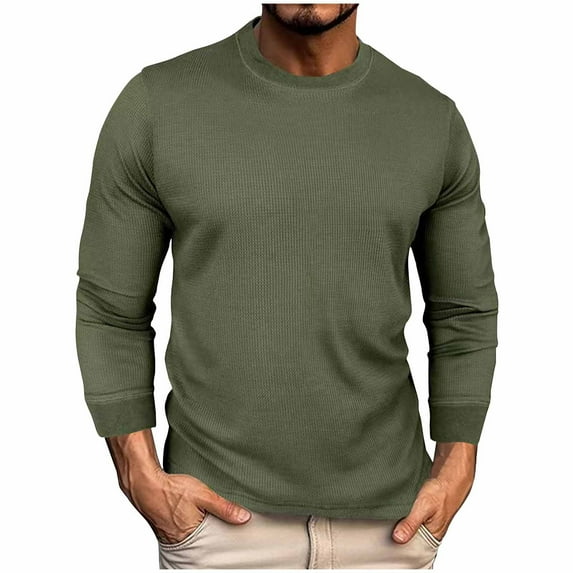 YUGYXL Mens Long Sleeve Waffle Knit Casual T-Shirt Crewneck Slim Fit Thermal Golf Work Tee Shirt Workout Athletic Gym Tops Army Green S