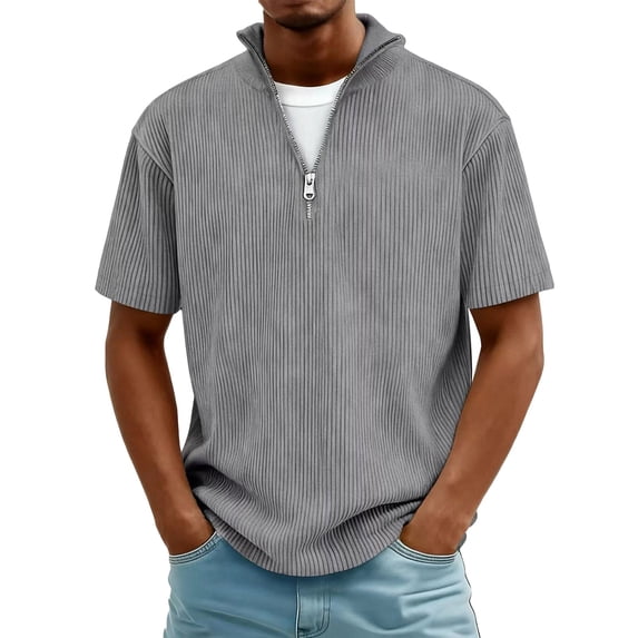YUGYXL Mens Plus Size Corduroy Shirts Short Sleeve Textured Pullover Solid Stand Collar Zipper Top Loose Fit T Shirts Gray XXL