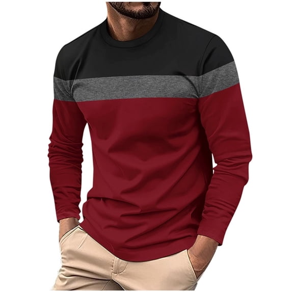 YUGYXL Mens Retro Color Block Striped Shirt Long Sleeve Crewneck Tops Casual Loose Fit Tshirts Classic Contrast Pullover Tees Wine S