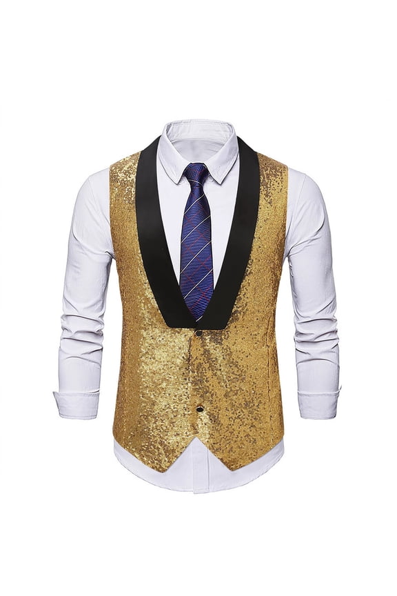 Mens Sequin Vest Jacket Formal Leisure V-neck Shiny Waistcoat Set Slim Fit Suit Wedding Prom Party Gold XL