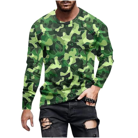 YUGYXL Mens Shirts Long Sleeve Casual Stylish Print Workout Crewneck Sweatshirts Loose Fit Camo Pullover Tees Army Green S