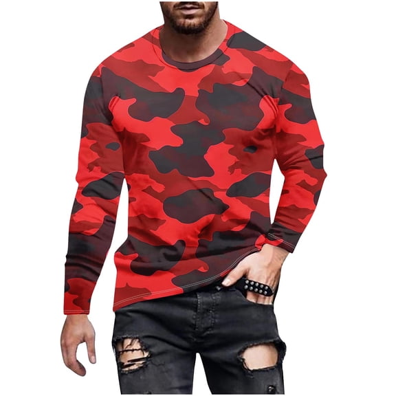 YUGYXL Mens Shirts Long Sleeve Casual Stylish Print Workout Crewneck Sweatshirts Loose Fit Camo Pullover Tees Red L
