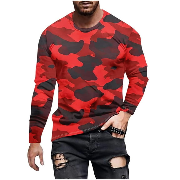 YUGYXL Mens Shirts Long Sleeve Casual Stylish Print Workout Crewneck Sweatshirts Loose Fit Camo Pullover Tees Red XXL