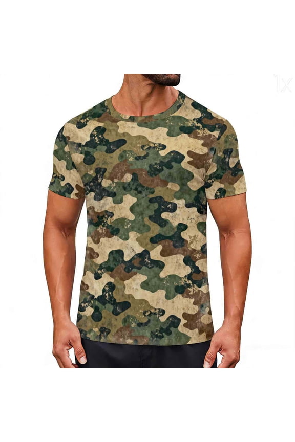 Mens Shirts Short Sleeve camo Round Neck Breathable Outfit Basics Classic Fit Casual Athletic Clothing Summer F Camouflage M