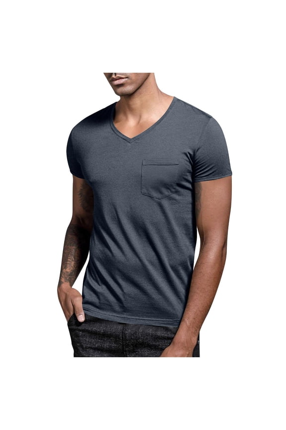 Mens Shirts Short Sleeves with Pocket Casual Loose Tshirts V Neck Collarless Tees Fashion Plain Tops Summer Dark Gray L