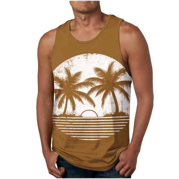 YUGYXL Mens Summer Beach Tank Top Hawaiian Palm Tree Print Sleeveless Muscle Basic Tee Vacation Tops Quick Dry Fitness Shirt Coffee XL