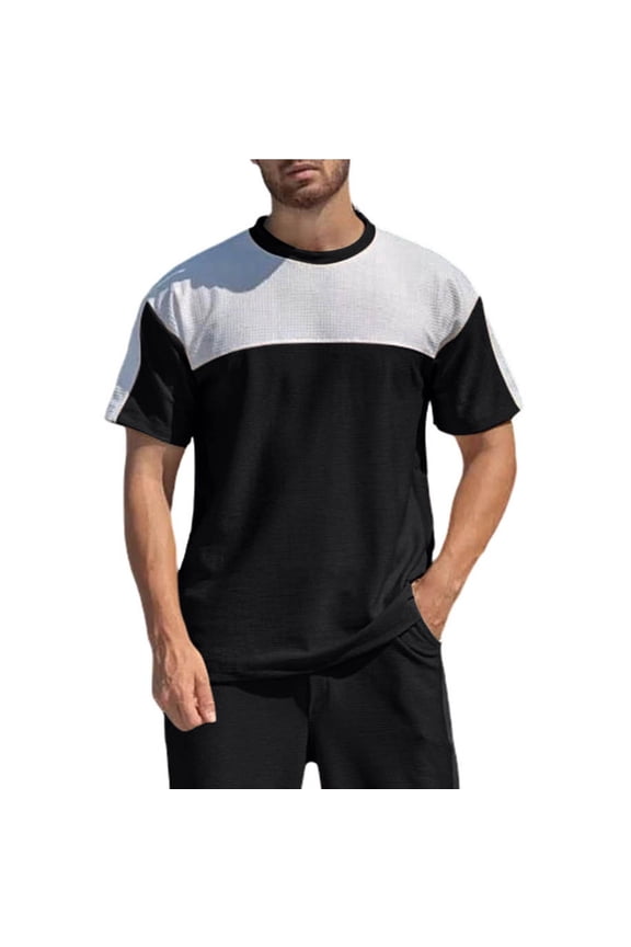Mens T-Shirts Color Block Waffle Knit Shirt Crew Neck Stretch Breathable Tshirt Casual Short Sleeve Tee Shirts Black L