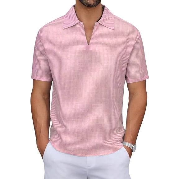 YUGYXL Mens T-Shirts V Neck Golf Shirt Striped Soft Tees Linen Cotton Short Sleeve Casual Daily Tee Tops Vacation Shirts Pink XL