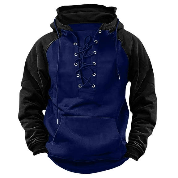 YUGYXL Mens Tactical Sweatshirts Lace Up Hooded Pullover Long Sleeve Cargo Workout Outdoor Hoodies with Pocket Blue S