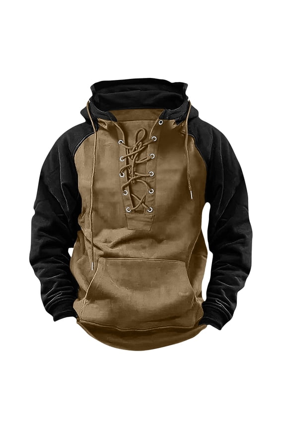Mens Tactical Sweatshirts Lace Up Hooded Pullover Long Sleeve Cargo Workout Outdoor Hoodies with Pocket Khaki L