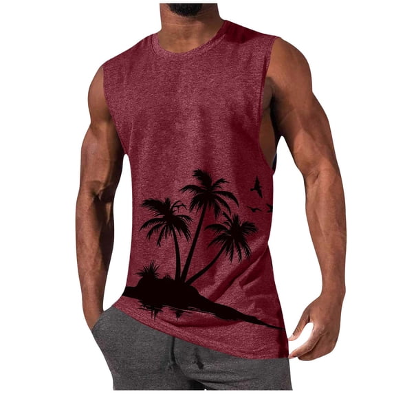YUGYXL Mens Tank Tops Casual Summer Beach Vacation Hawaiian Graphic Muscle Gym Palm Tree Sleeveless Tee Shirts Wine L