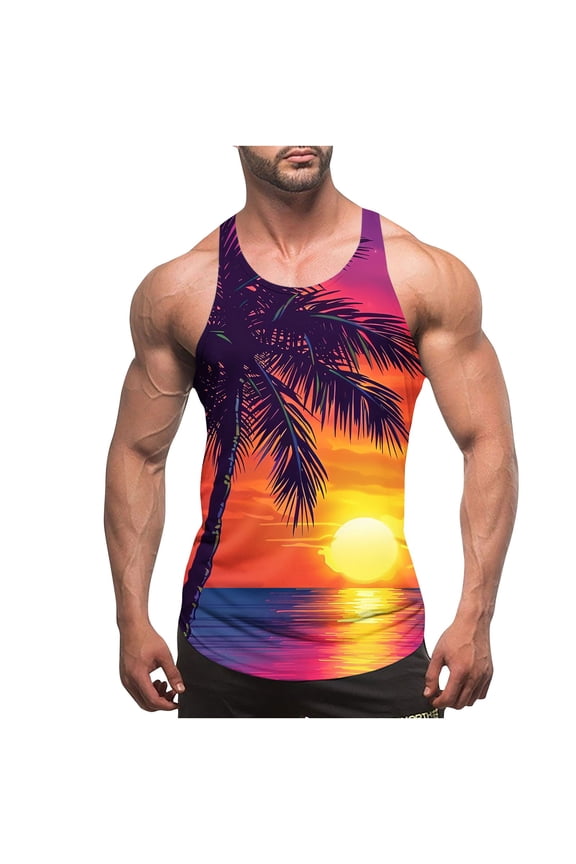 Mens Tank Tops Summer Y-Back Sleeveless Beach Shirts Trendy Casual Palm Tree Print Workout Tanks Gym Muscle Shirt F Multicolor XXL