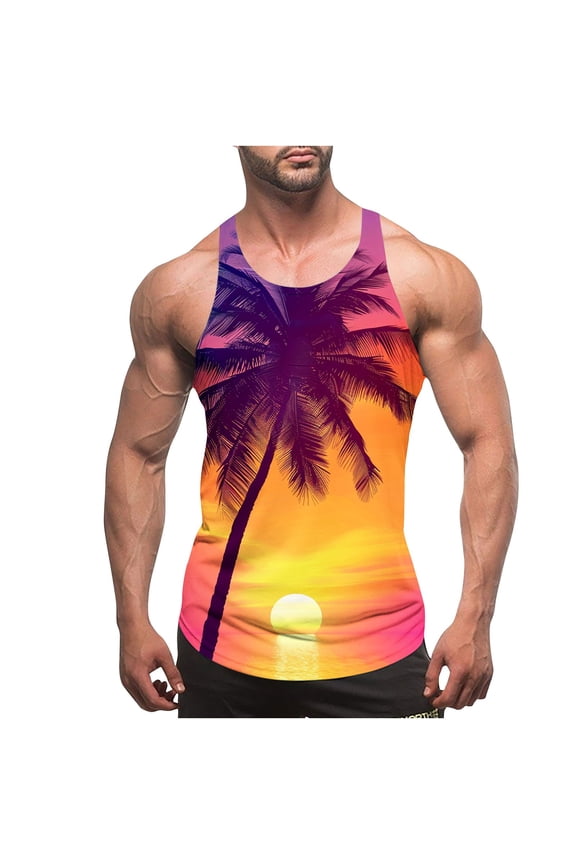 Mens Tank Tops Summer Y-Back Sleeveless Beach Shirts Trendy Casual Palm Tree Print Workout Tanks Gym Muscle Shirt Multicolor XXXL