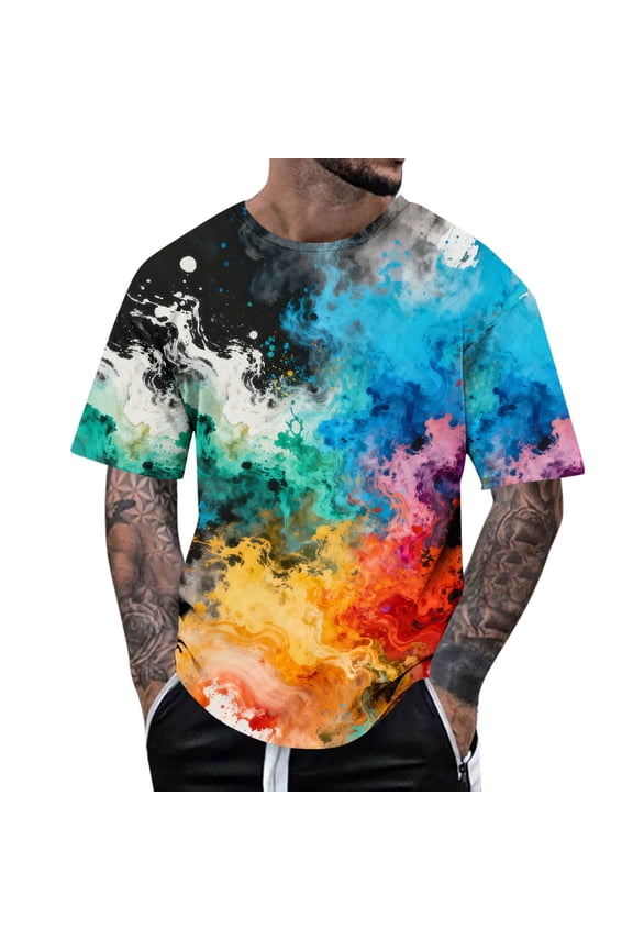 Mens Tie-Dye T Shirt Short Sleeve Crew Neck Fitted Colorful Tees Rainbow Hip-Hop Streetwear Summer Tops Black XXL