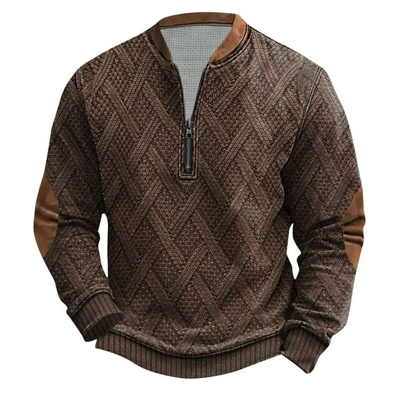 YUGYXL Mens Vintage Knit Print Zip-Up Sweatshirt Plus Size Long Sleeve Sweater with Elbow Patches Pullover Clothes Brown L